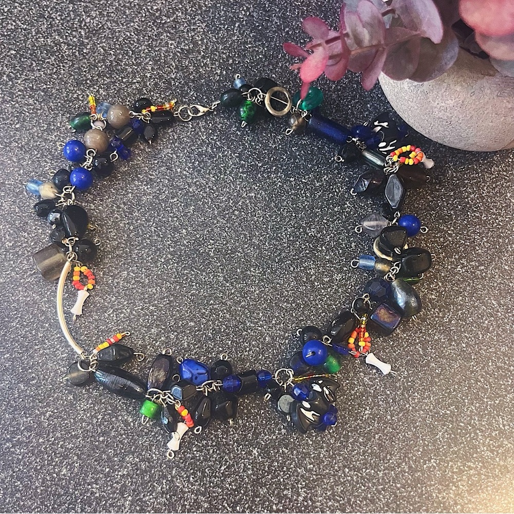 Handmade Blue Beaded Clutter Choker Necklace with Bats Goth Alt Y2k
